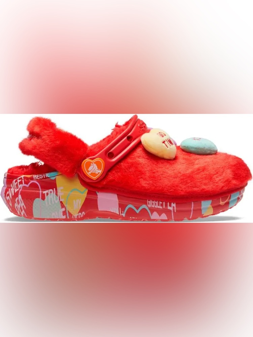 0196: CROCS Classic Sweetheart Fur Red Fuzzy Platform Clog with Heart Charms